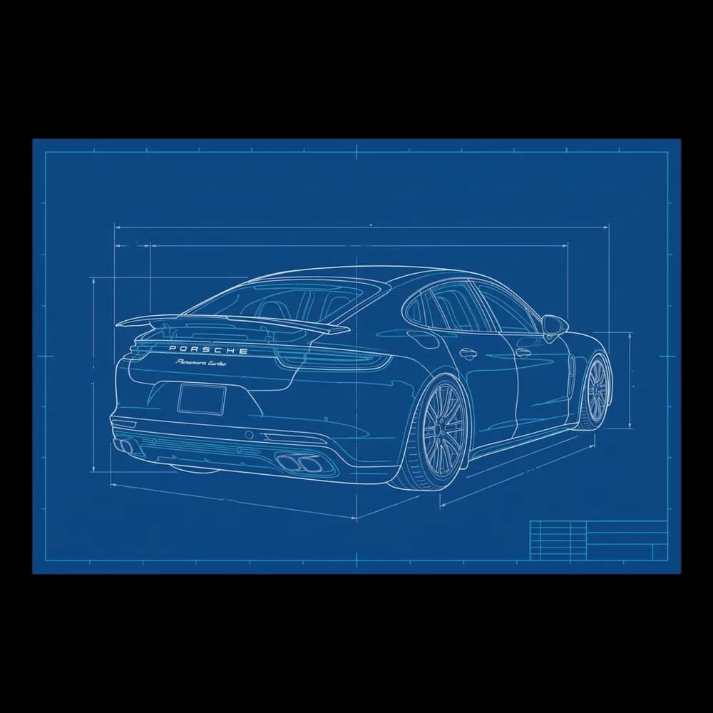 Custom blueprint car design printed on a t-shirt.